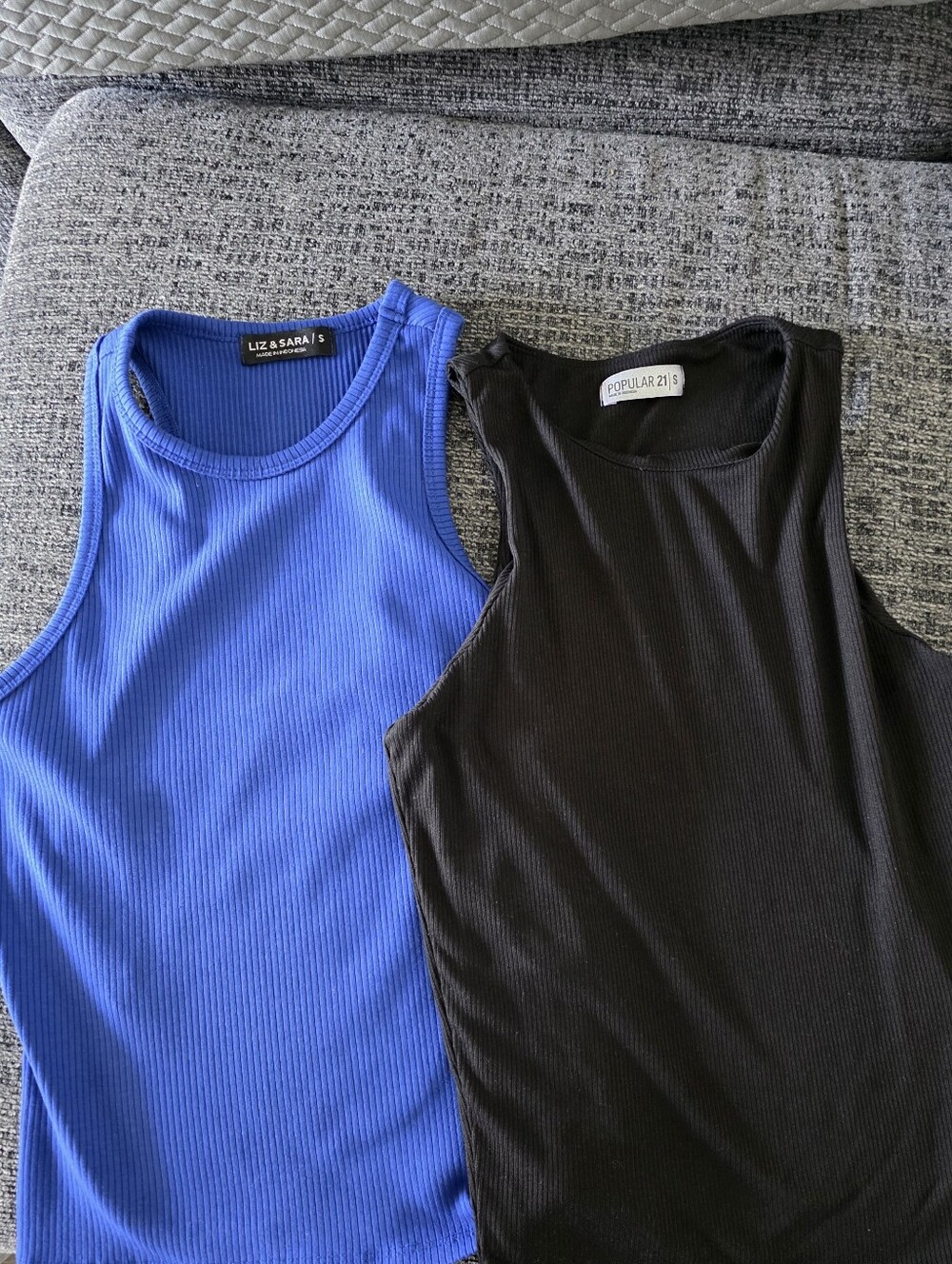 Blue Ribbed Tank + Black Ribbed Tank - Pair Two Summer Tops Bundle Size Small